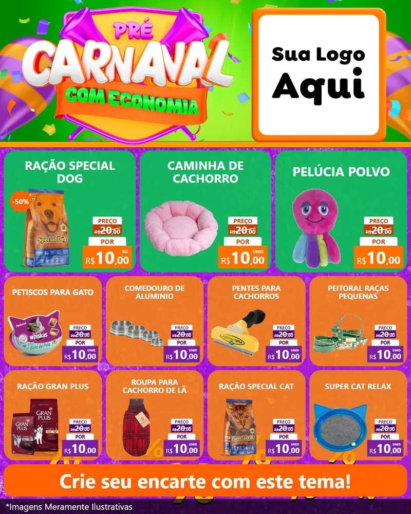 Modelo de Rede Social para Feed Instagram com o tema Pré-Carnaval Com Economia para Pet Shop