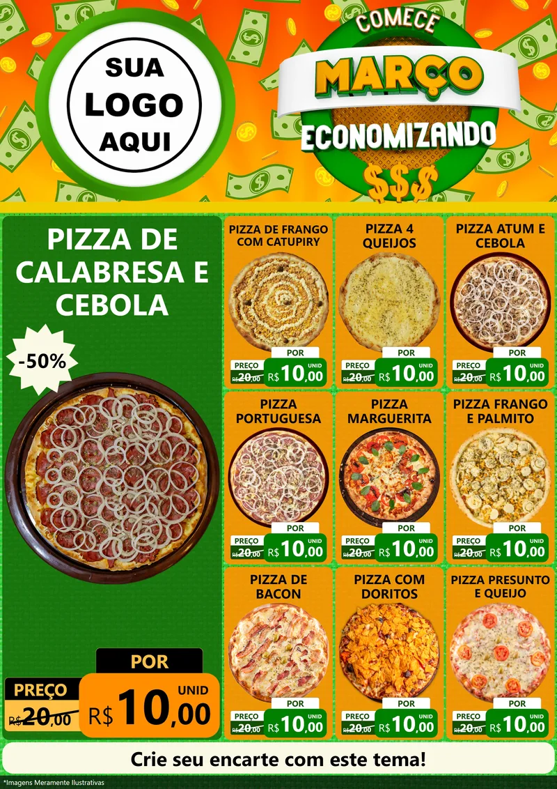 Modelo de Encarte para Encarte A4 Vertical com o tema Comece Março Economizando para Pizzaria