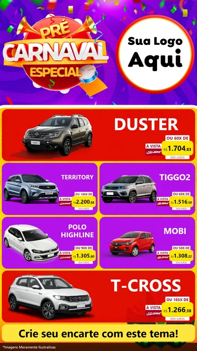 Modelo de TV para TV Vertical com o tema Pré-Carnaval Especial para Concessionaria de Carros