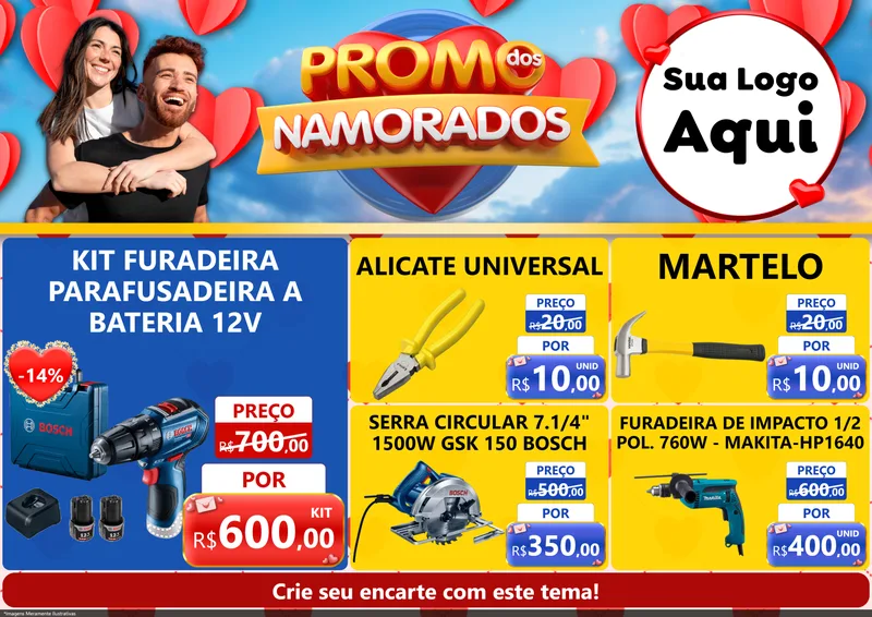 Modelo de Encarte para Encarte A4 Horizontal com o tema Promo dos Namorados para Maquinas e Ferramentas