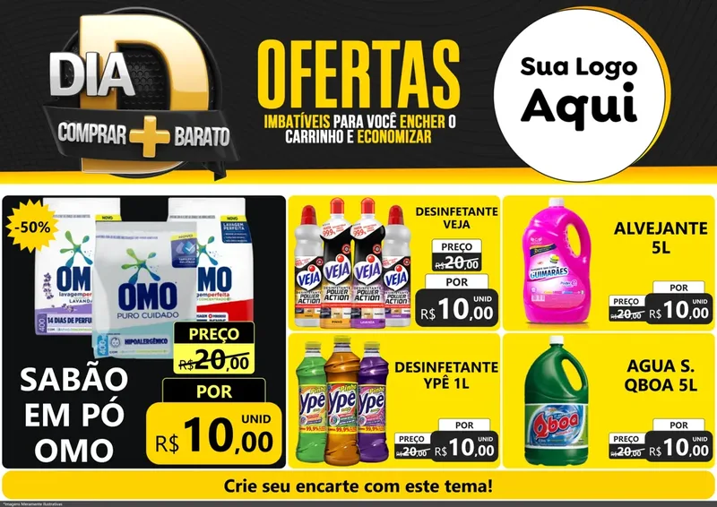 Modelo de Encarte para Encarte A4 Horizontal com o tema Dia D Mais Economia para Produtos de Limpeza