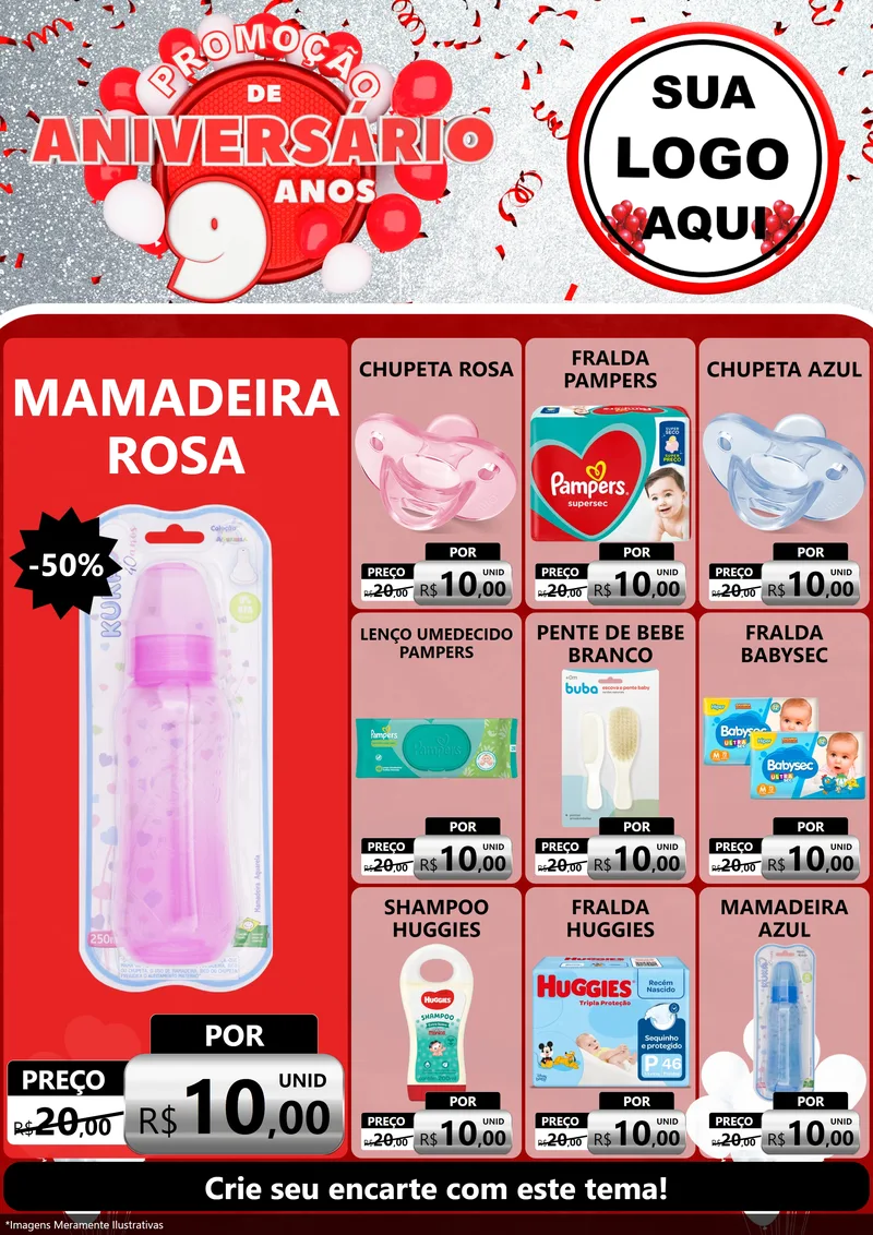 Modelo de Encarte para Encarte A4 Vertical com o tema Promoção de Aniversário - 9 Anos para Bebês