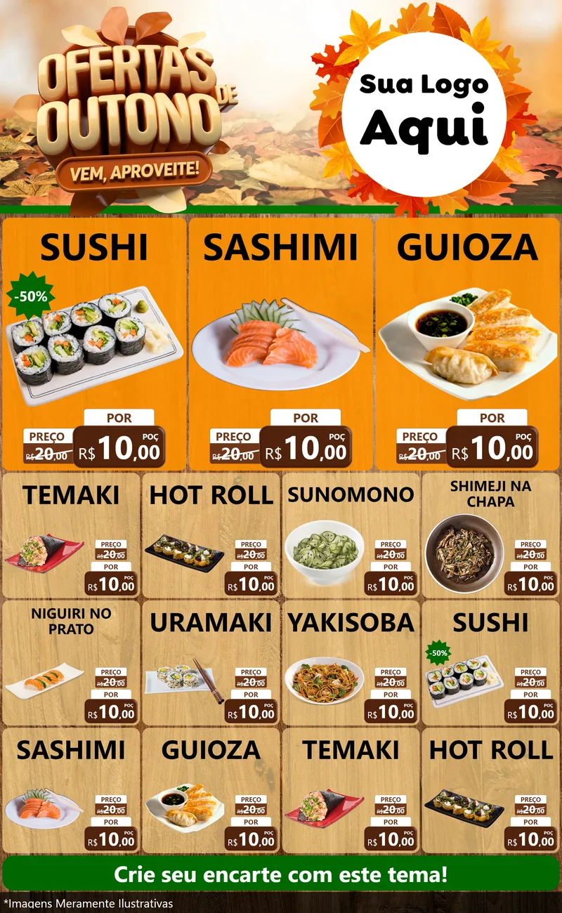 Modelo de Encarte para Encarte Grande com o tema Ofertas de Outono - Vem, Aproveite! para Comida japonesa