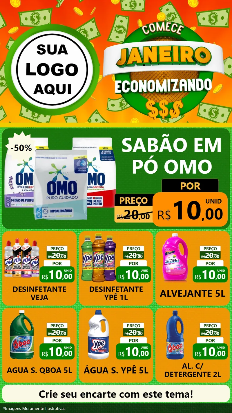 Modelo de Rede Social para Stories com o tema Comece Janeiro Economizando para Produtos de Limpeza