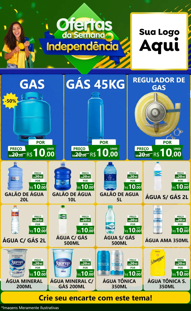 Modelo de Encarte para Encarte Grande com o tema Ofertas da Semana da Independência para Água e gás