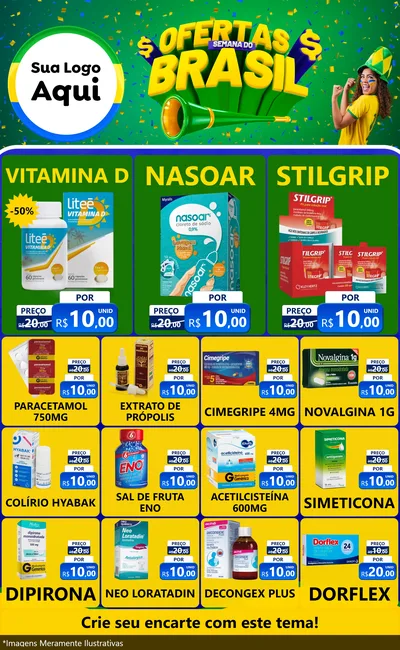 Modelo de Encarte para Encarte Grande com o tema Ofertas Semana do Brasil para Farmácia