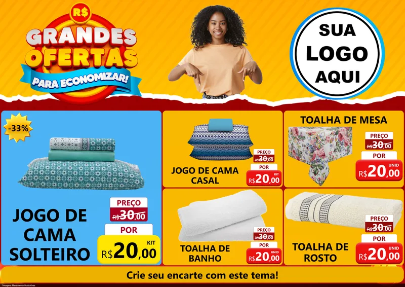 Modelo de Encarte para Encarte A4 Horizontal com o tema Grandes Ofertas Para Economizar! para Cama, Mesa e Banho