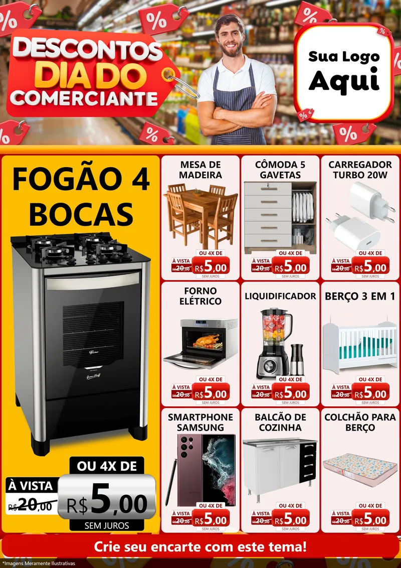 Modelo de Encarte para Encarte A4 Vertical com o tema Descontos Dia do Comerciante para Móveis e Eletro