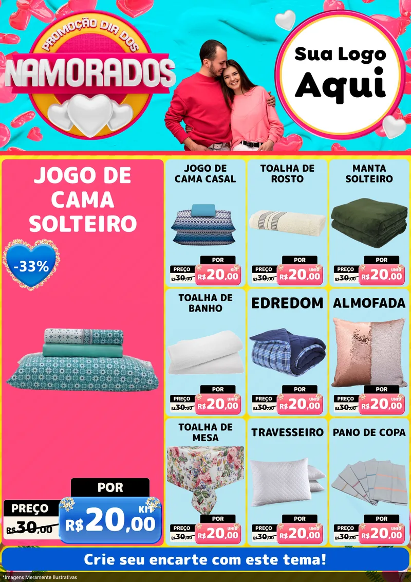 Modelo de Encarte para Encarte A4 Vertical com o tema Promoção Dia dos Namorados para Cama, Mesa e Banho