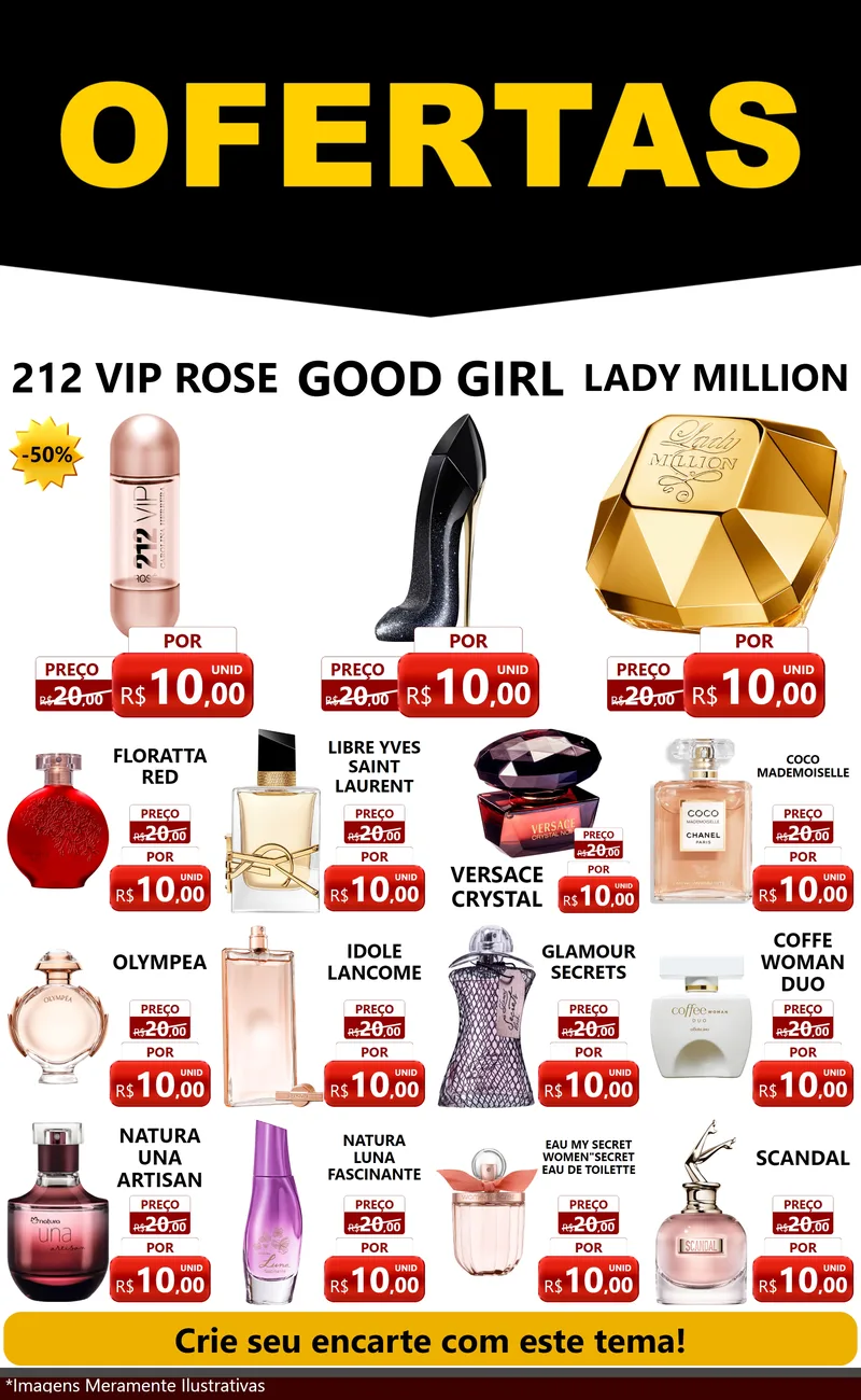 Modelo de Encarte para Encarte Grande com o tema Ofertas Preto e Vermelho Cartaz para Perfumes