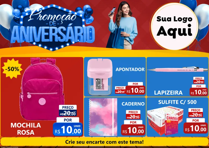 Modelo de Encarte para Encarte A4 Horizontal com o tema Promoção de Aniversário para Papelaria