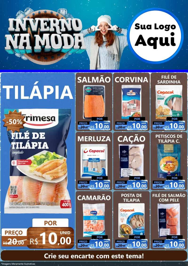 Modelo de Encarte para Encarte A4 Vertical com o tema Inverno na Moda para Peixaria