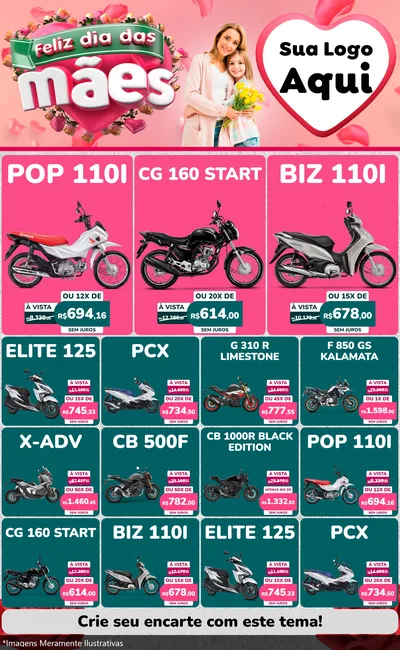 Modelo de Encarte para Encarte Grande com o tema Feliz Dia das Mães para Concessionaria de Motos