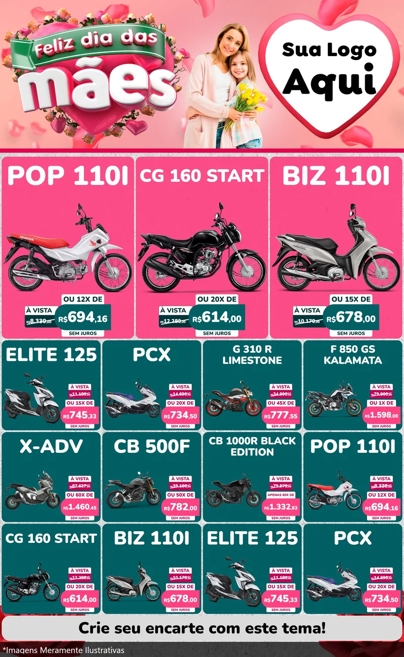 Modelo de Encarte para Encarte Grande com o tema Feliz Dia das Mães para Concessionaria de Motos