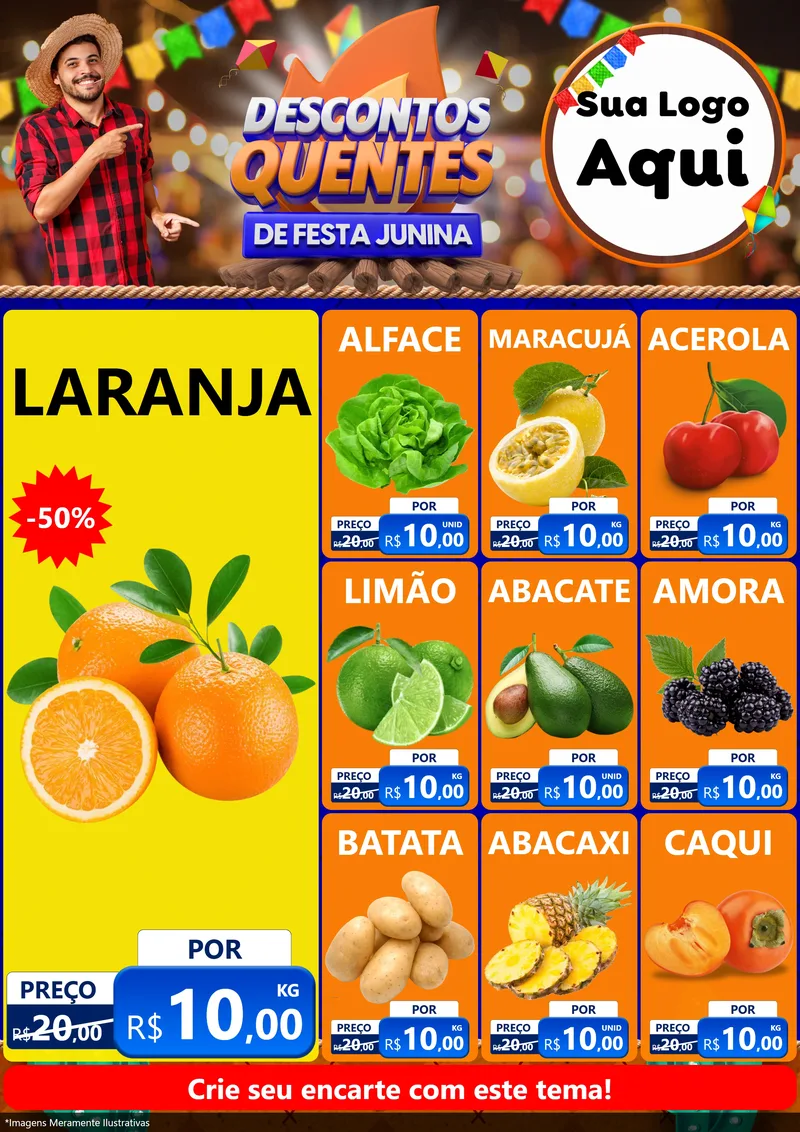 Modelo de Encarte para Encarte A4 Vertical com o tema Descontos Quentes de Festa Junina para Hortifrúti