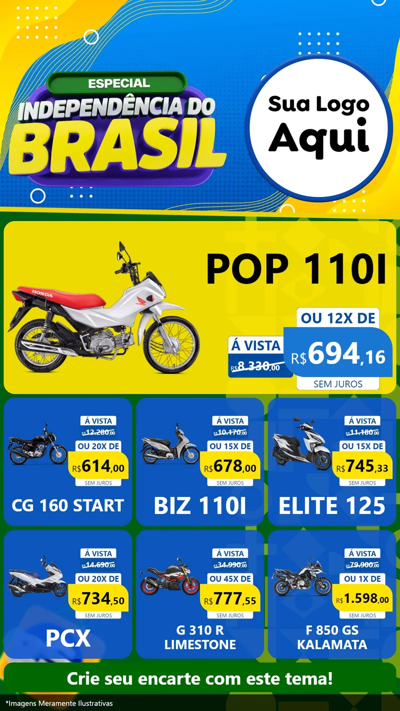 Modelo de Rede Social para Stories com o tema Especial Independência do Brasil para Concessionaria de Motos