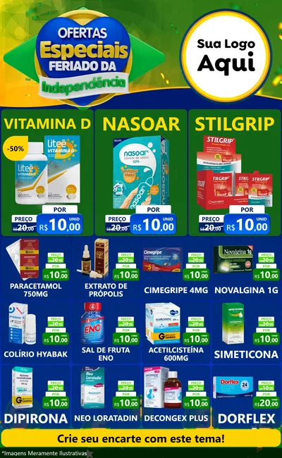 Modelo de Encarte para Encarte Grande com o tema Ofertas Especiais Feriado da Independência para Farmácia