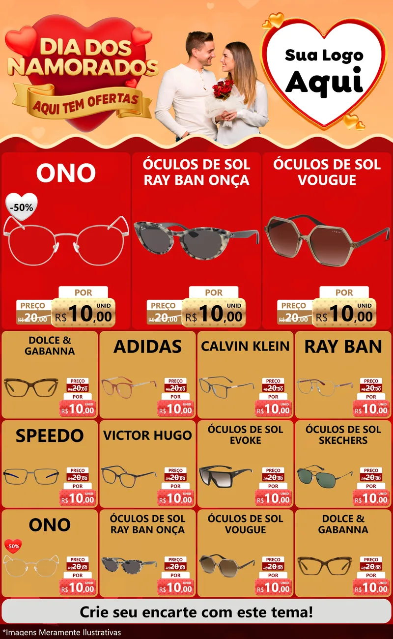 Modelo de Encarte para Encarte Grande com o tema Dia dos Namorados - Aqui Tem Ofertas para Óticas