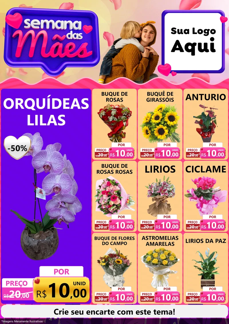 Modelo de Encarte para Encarte A4 Vertical com o tema Semana das Mães para Floricultura e jardim