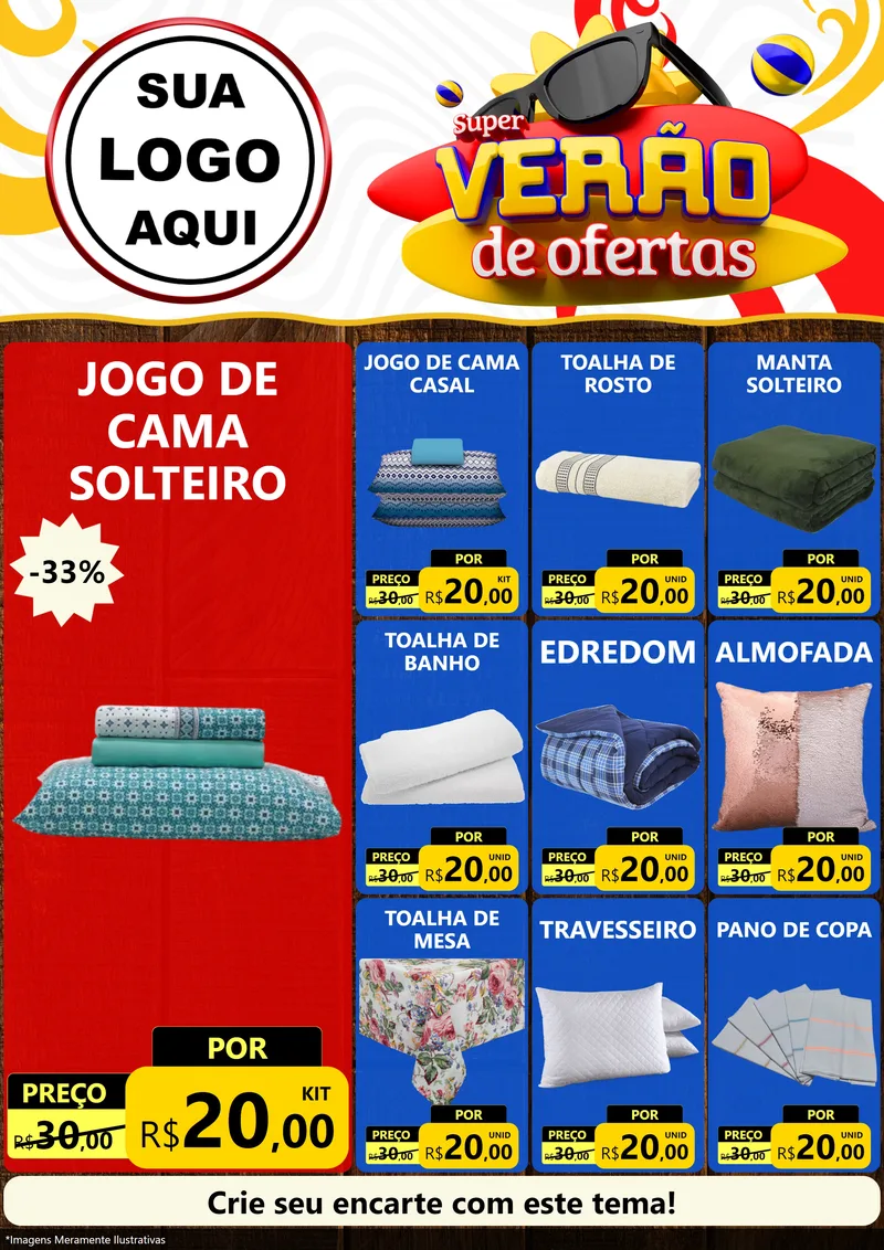 Modelo de Encarte para Encarte A4 Vertical com o tema Super Verão de Ofertas para Cama, Mesa e Banho
