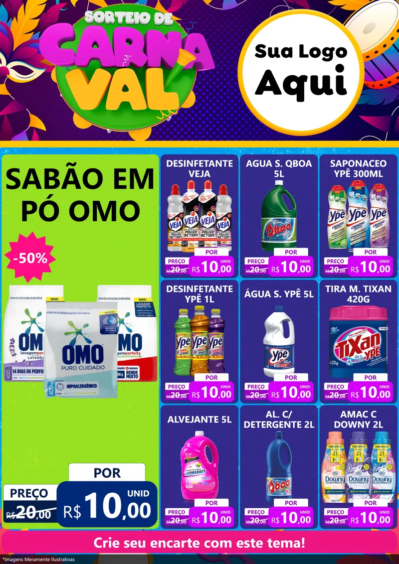 Modelo de Encarte para Encarte A4 Vertical com o tema Sorteio de Carnaval para Produtos de Limpeza