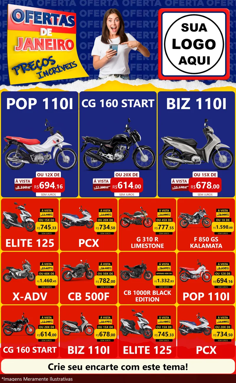 Modelo de Encarte para Encarte Grande com o tema Ofertas de Janeiro - Preços Incríveis para Concessionaria de Motos