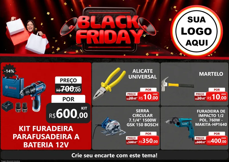 Modelo de Encarte para Encarte A4 Horizontal com o tema Black Friday para Maquinas e Ferramentas