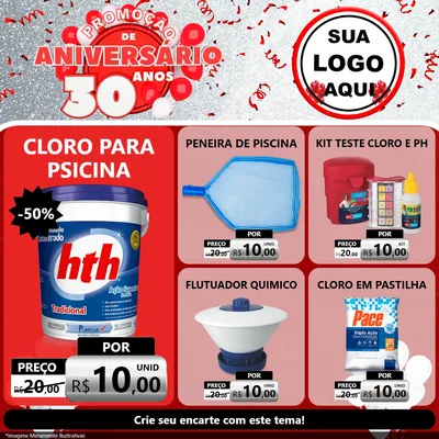 Modelo de Rede Social para Feed Facebook com o tema Promoção de Aniversário - 30 Anos para Produtos para Piscina