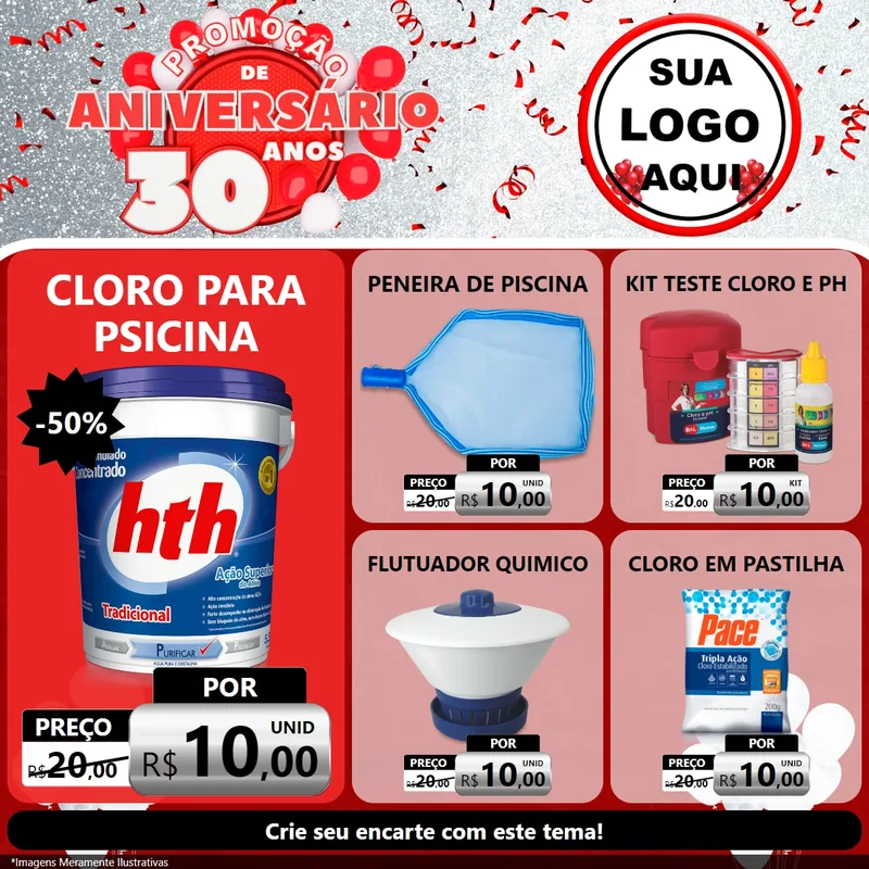 Modelo de Rede Social para Feed Facebook com o tema Promoção de Aniversário - 30 Anos para Produtos para Piscina