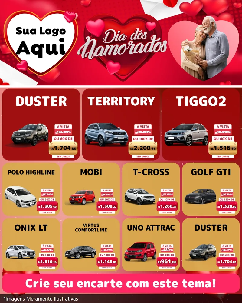 Modelo de Rede Social para Feed Instagram com o tema Dia Dos Namorados para Concessionaria de Carros