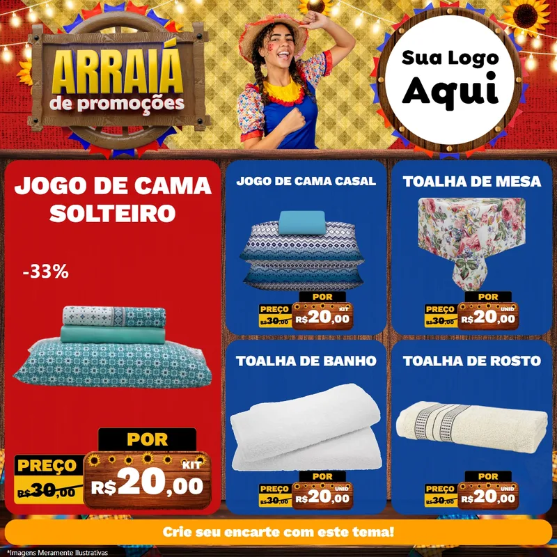 Modelo de Rede Social para Feed Facebook com o tema Arraiá de Promoções para Cama, Mesa e Banho