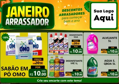 Modelo de Encarte para Encarte A4 Horizontal com o tema Janeiro Arrasador para Produtos de Limpeza