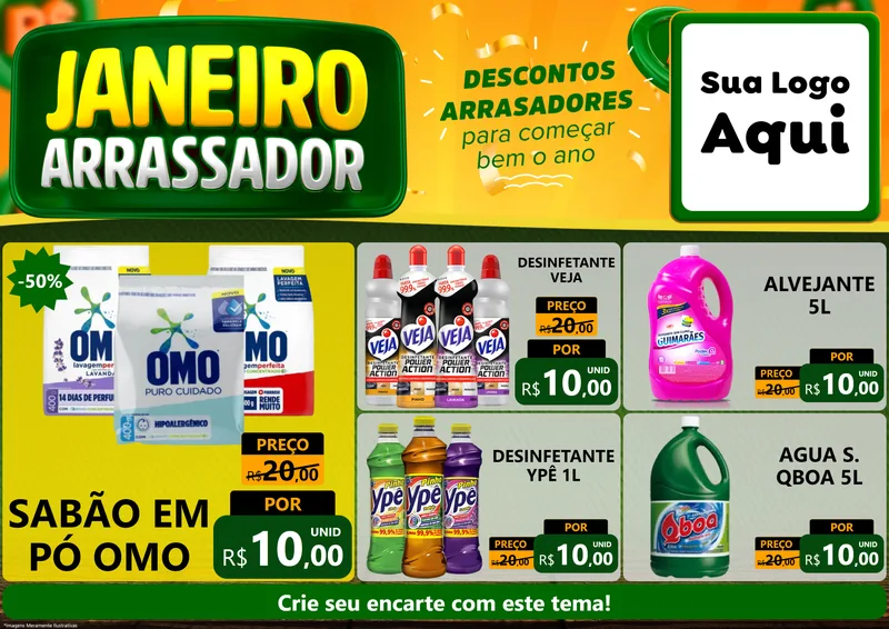 Modelo de Encarte para Encarte A4 Horizontal com o tema Janeiro Arrasador para Produtos de Limpeza