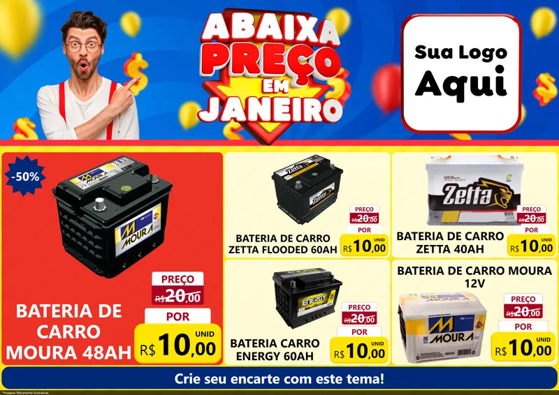 Modelo de Encarte para Encarte A4 Horizontal com o tema Abaixa Preço em Janeiro para Baterias Elétricas