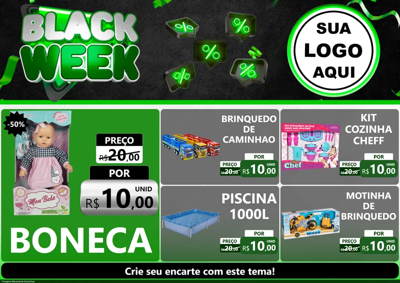 Modelo de Encarte para Encarte A4 Horizontal com o tema Black Week para Brinquedos