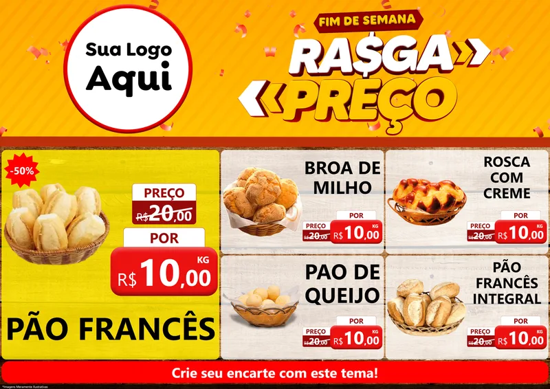 Modelo de Encarte para Encarte A4 Horizontal com o tema Fim de Semana Rasga Preços para Padaria