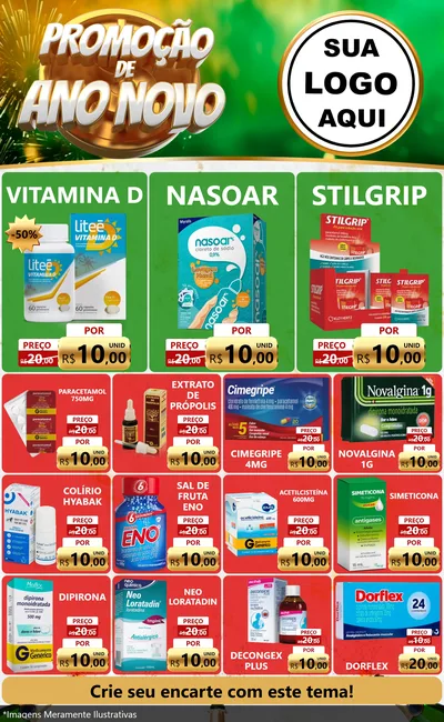 Modelo de Encarte para Encarte Grande com o tema Promoção de Ano Novo para Farmácia
