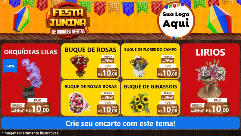 Modelo de TV para TV Horizontal com o tema Festa Junina de Grandes Ofertas para Floricultura e jardim