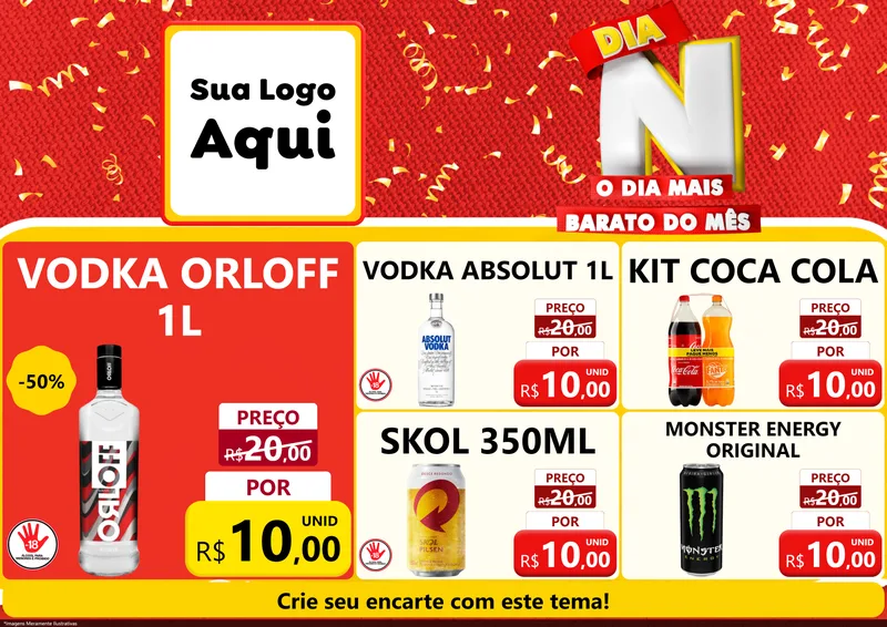 Modelo de Encarte para Encarte A4 Horizontal com o tema Dia N o Dia Mais Barato do Mês para Distribuidora de bebidas