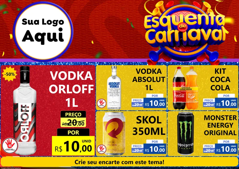 Modelo de Encarte para Encarte A4 Horizontal com o tema Esquenta de Carnaval para Distribuidora de bebidas