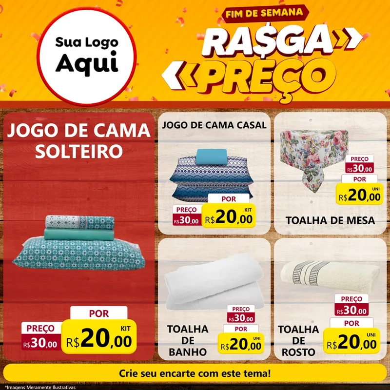 Modelo de Rede Social para Feed Facebook com o tema Fim de Semana Rasga Preços para Cama, Mesa e Banho