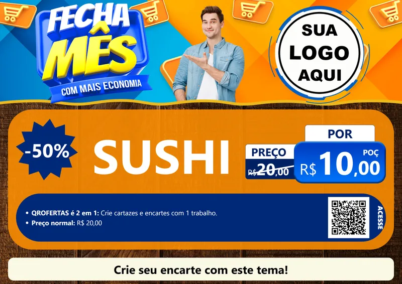 Modelo de Cartaz para Cartaz A4 Horizontal com o tema Fecha Mês Com Mais Economia para Comida japonesa