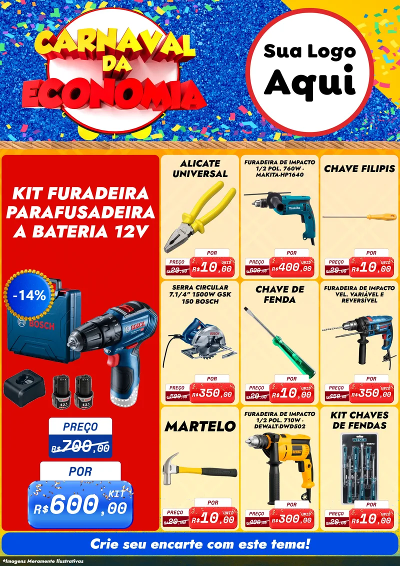 Modelo de Encarte para Encarte A4 Vertical com o tema Carnaval da Economia para Maquinas e Ferramentas