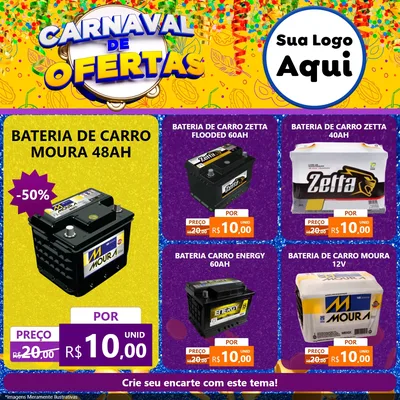 Modelo de Rede Social para Feed Facebook com o tema Carnaval de Ofertas para Baterias Elétricas