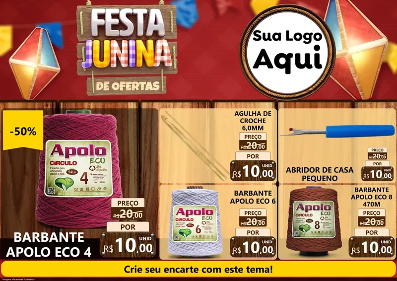 Modelo de Encarte para Encarte A4 Horizontal com o tema Festa Junina de Ofertas para Armarinho e Aviamentos