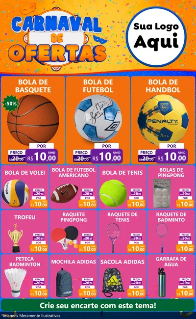 Modelo de Encarte para Encarte Grande com o tema Carnaval de Ofertas para Artigos Esportivos