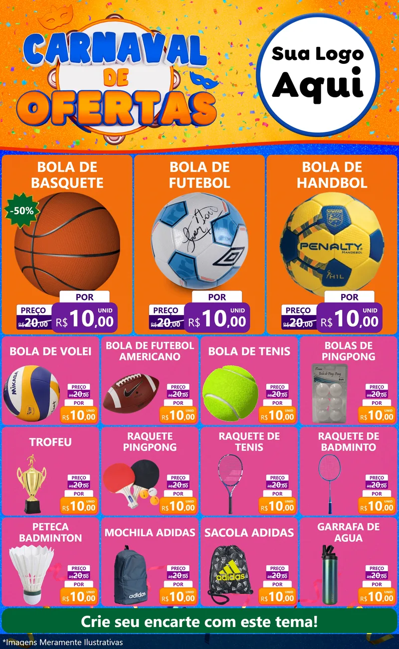Modelo de Encarte para Encarte Grande com o tema Carnaval de Ofertas para Artigos Esportivos