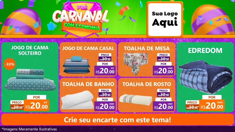 Modelo de TV para TV Horizontal com o tema Pré-Carnaval Com Economia para Cama, Mesa e Banho