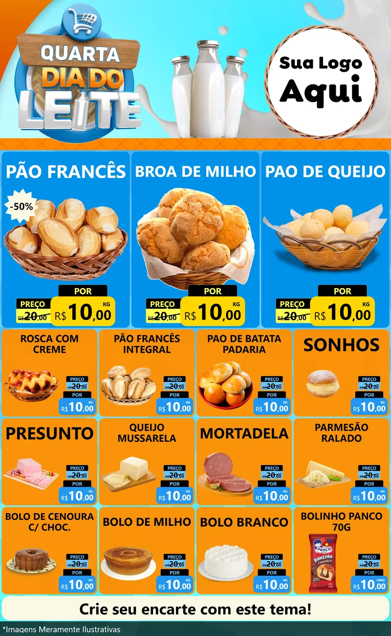 Modelo de Encarte para Encarte Grande com o tema Quarta Dia do Leite para Padaria