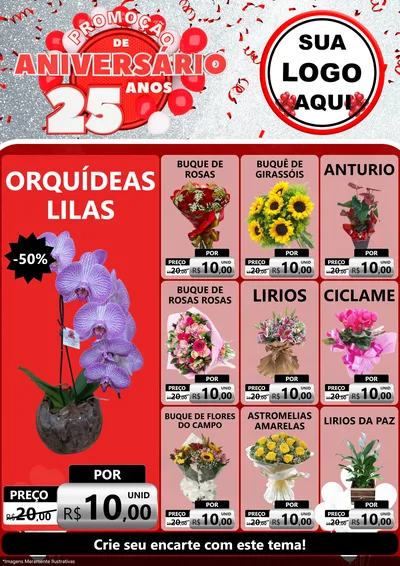 Modelo de Encarte para Encarte A4 Vertical com o tema Promoção de Aniversário - 25Anos para Floricultura e jardim